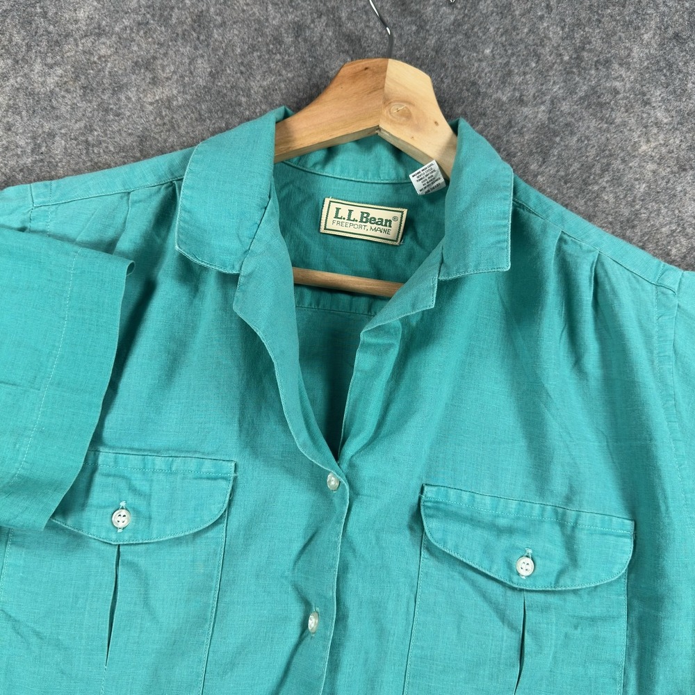 Vintage L.L.Bean Shirt Womens 12 Green Linen‎ Short Sleeve Button Front Made USA